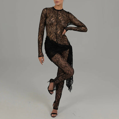 Lace Fall Sexy Hollow Out Cutout Sheer Long Sleeve Slim Fit Patchwork.
