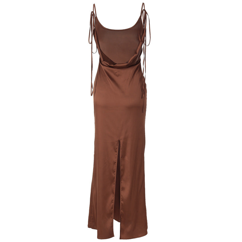Women Clothing Dress Summer Sexy Backless Slited Solid Color Tied gown