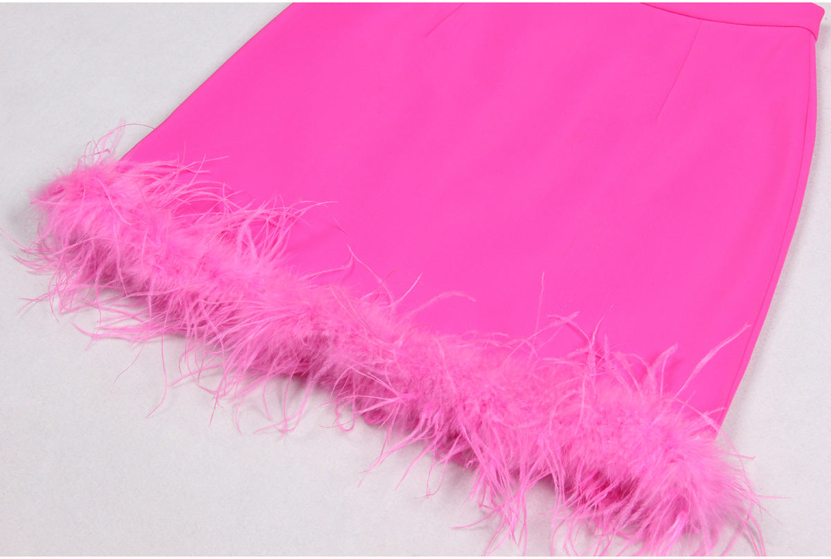 High Ostrich Feather Long Sleeve Slim Fit Office Women Business Skirt Sets