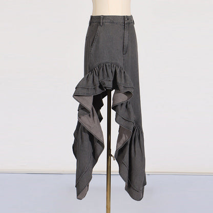 skirt high waist Ruffles Distressed Design Pleated Skirt for Women