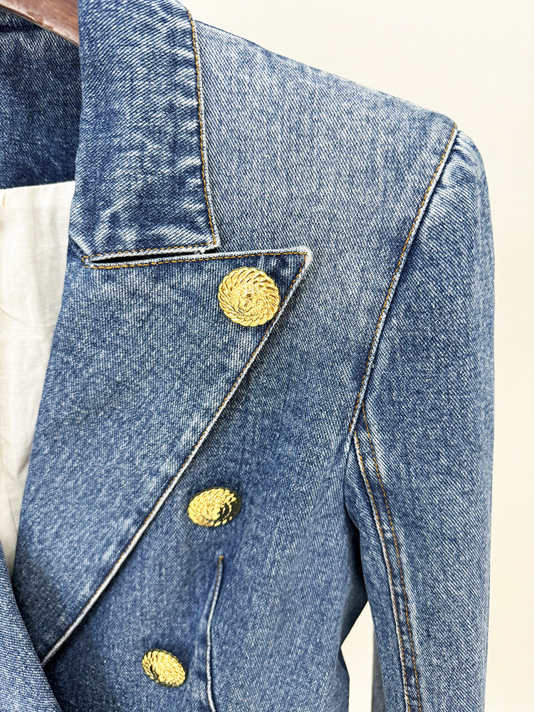 Blazer Skirt Sets Socialite Slim Double Breasted Washed Denim Blazer