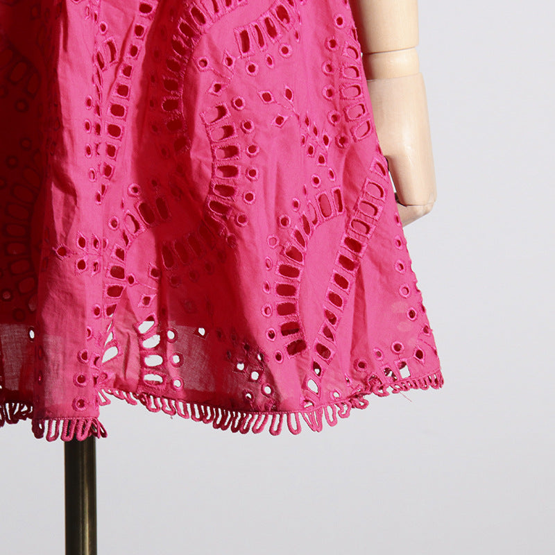 Embroidered Lace Summer Sweet Fresh Solid Color Strap Hollow Out Cutou