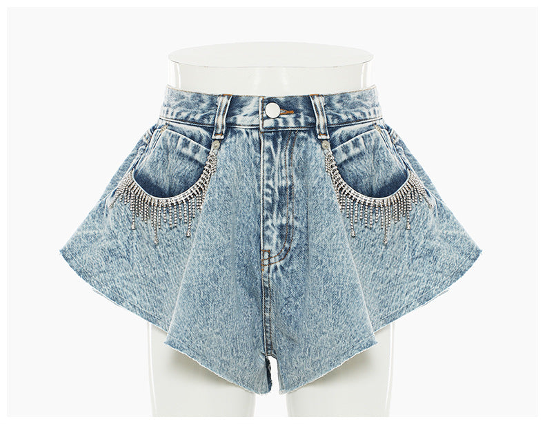 Denim Shorts Ruffled Hem Large Wide Leg Denim Shorts Pants Faux