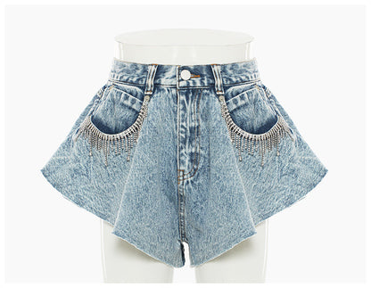 Denim Shorts Ruffled Hem Large Wide Leg Denim Shorts Pants Faux