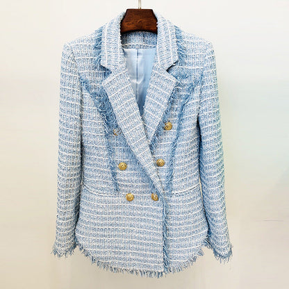 Women Tweed Blazer hem Double Breast Spring Work Casual Office Blazers