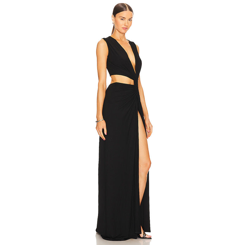 Sexy Maxi Dress Women Summer Solid Color Sexy Deep V Plunge Hollow Out