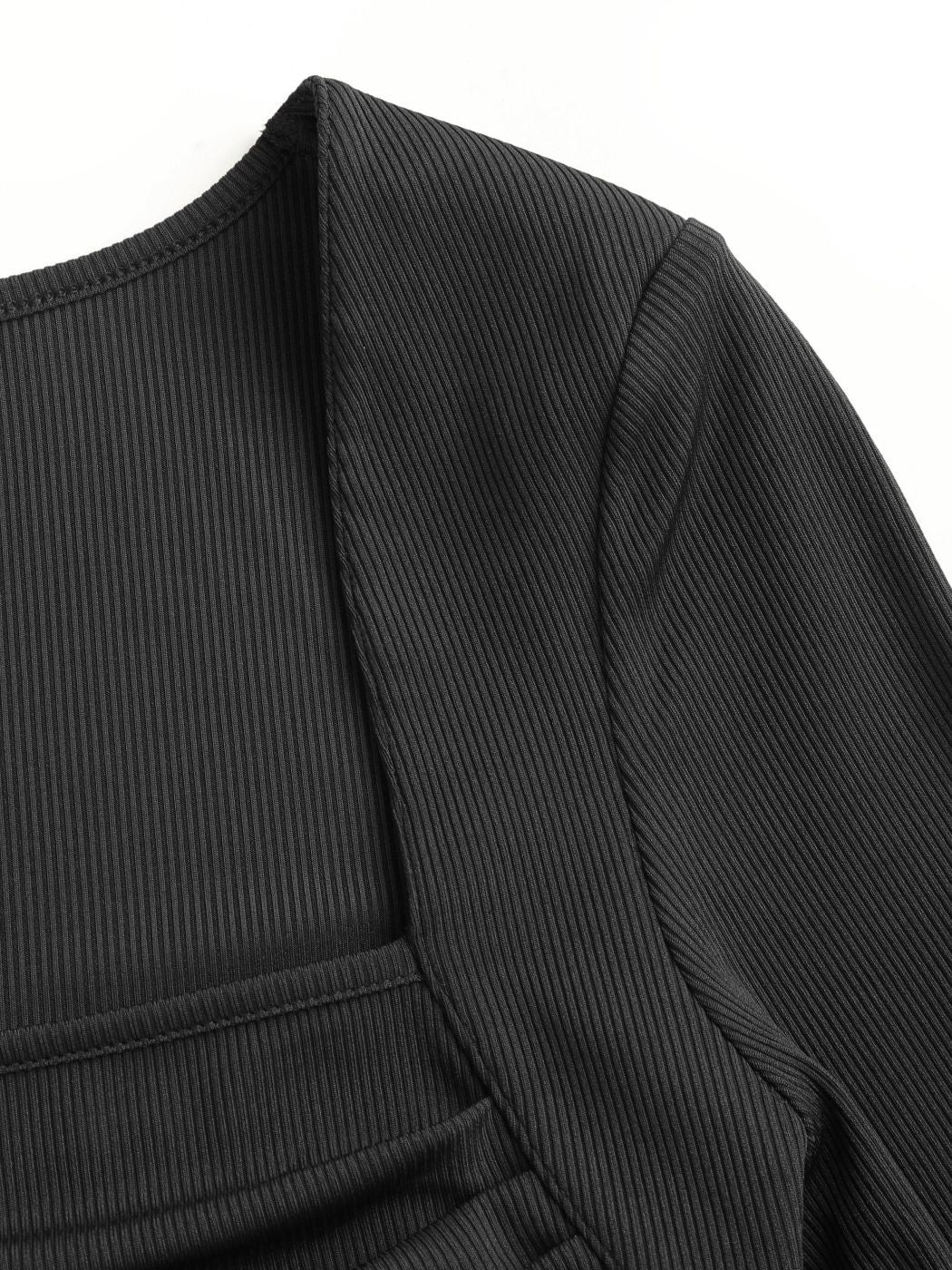  Women Square Collar Pleated Slim Fit Long Sleeved Knitted T shirt Top