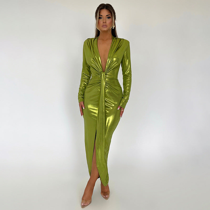 Coated Fabrics Metallic Dress Sexy Glossy V neck Long Sleeve Stitching