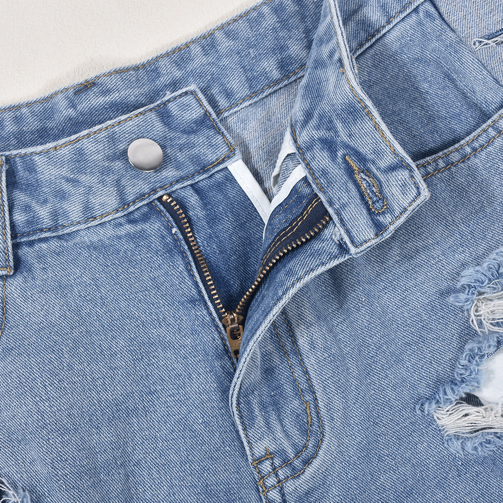 Women Clothing High Waist Ripped Washed Personalized Hole Tassel Short