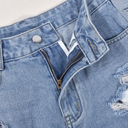 Women Clothing High Waist Ripped Washed Personalized Hole Tassel Short