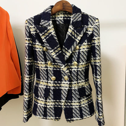 Women Coat High Fixed Fabric Autumn Winter Slim Double Breasted Plaid.