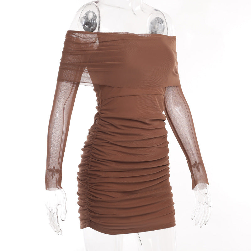 Off The Shoulder Long Sleeve Top Pleated Dress Women Summer