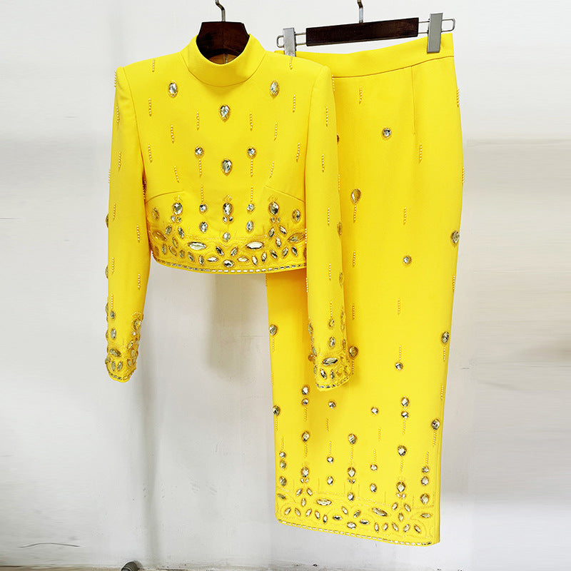Heavy Industry Beads Diamond Inlaid Short Top Skirt Set
