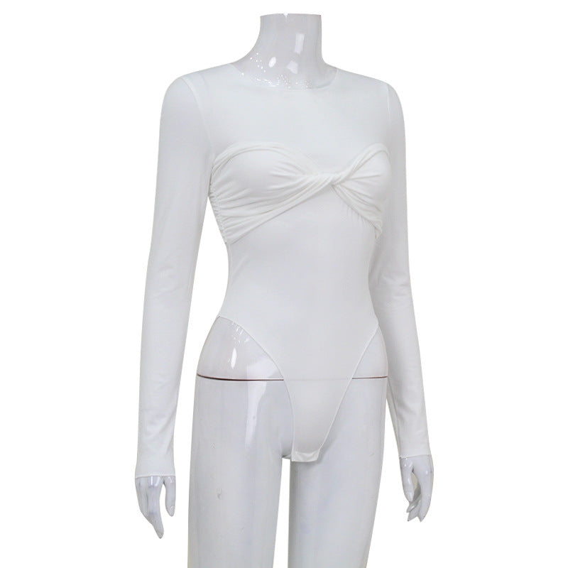 Pleated Jumpsuit Women Clothing round Neck Long Sleeve Twisted Pleated