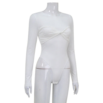 Pleated Jumpsuit Women Clothing round Neck Long Sleeve Twisted Pleated