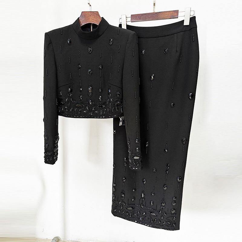 Heavy Industry Beads Diamond Inlaid Short Top Skirt Set