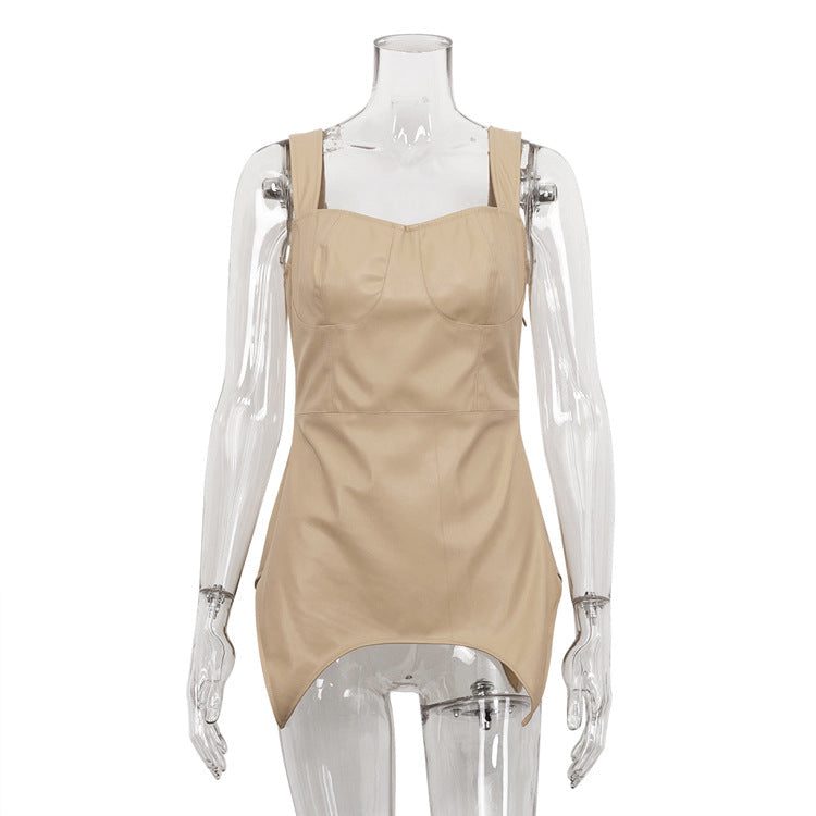 Leather Top Outdoor wear Design Solid Color Faux Strap Tube Street Out