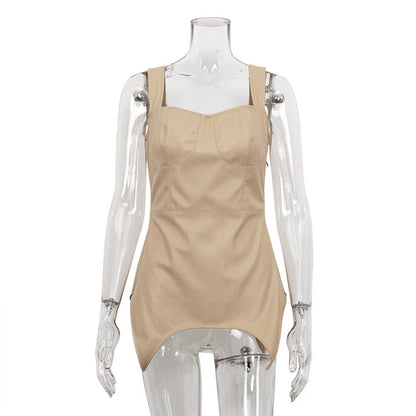 Leather Top Outdoor wear Design Solid Color Faux Strap Tube Street Out