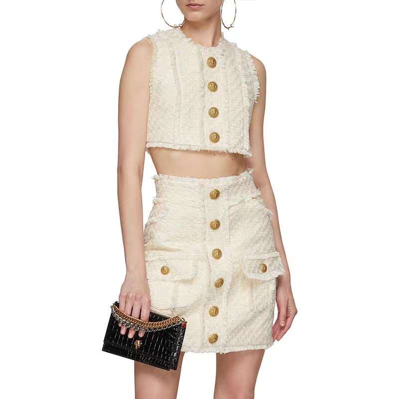 Star Lion Buckle Tweed Tassel Short Vest Top Skirt