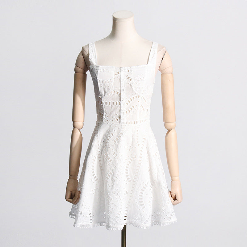 Embroidered Lace Summer Sweet Fresh Solid Color Strap Hollow Out Cutou