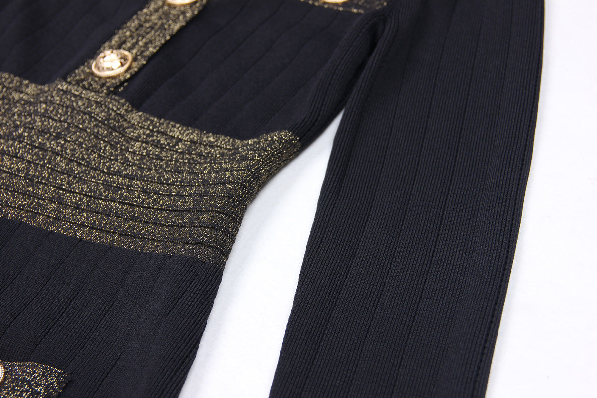 Spring Autumn Women Clothing Gold Silk Stitching High Quality Long Sleeve Waist Trimming Knitted Dress