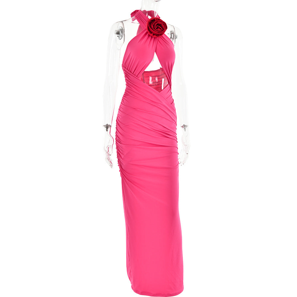 Dress Sexy Floral Stitched Backless Halter Strap Hip
