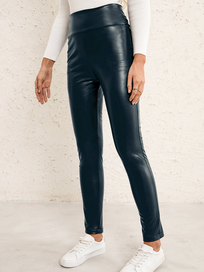 Women Clothing High Waist High Elastic Slim Faux Leather Trousers Motorcycle Tight Leather Pants