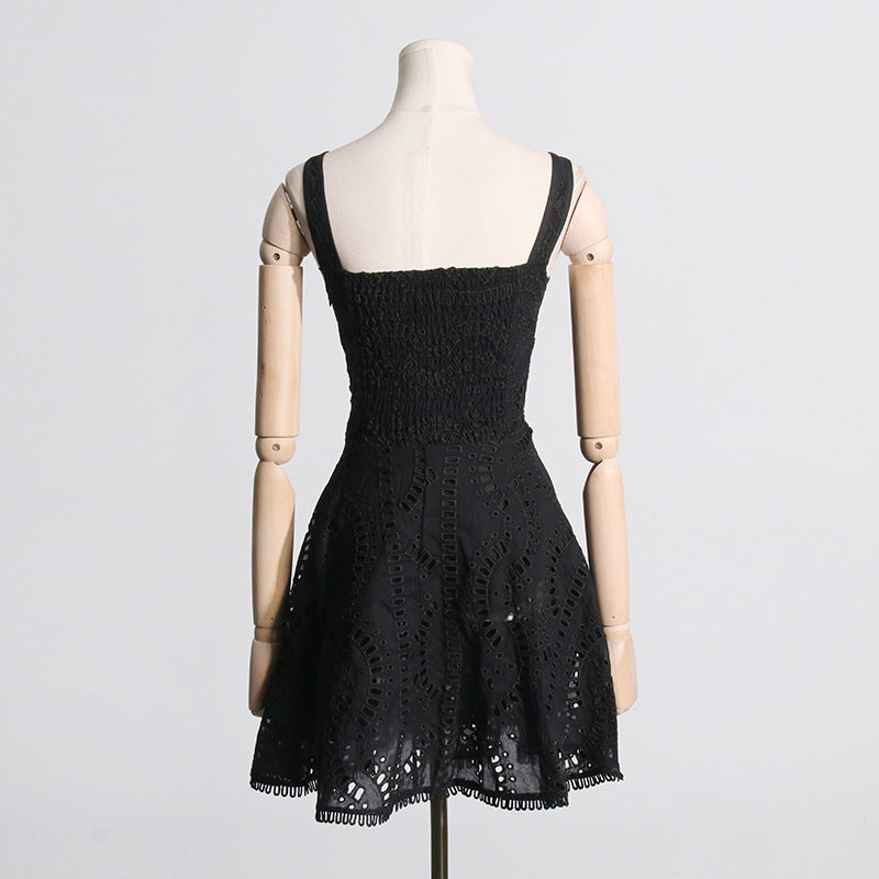 Embroidered Lace Summer Sweet Fresh Solid Color Strap Hollow Out Cutou