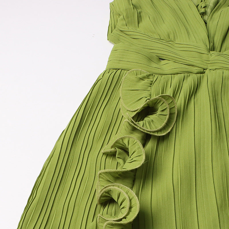 Women Dress French Cocktail Dress Summer V Neck Pleated Ruffled A Line