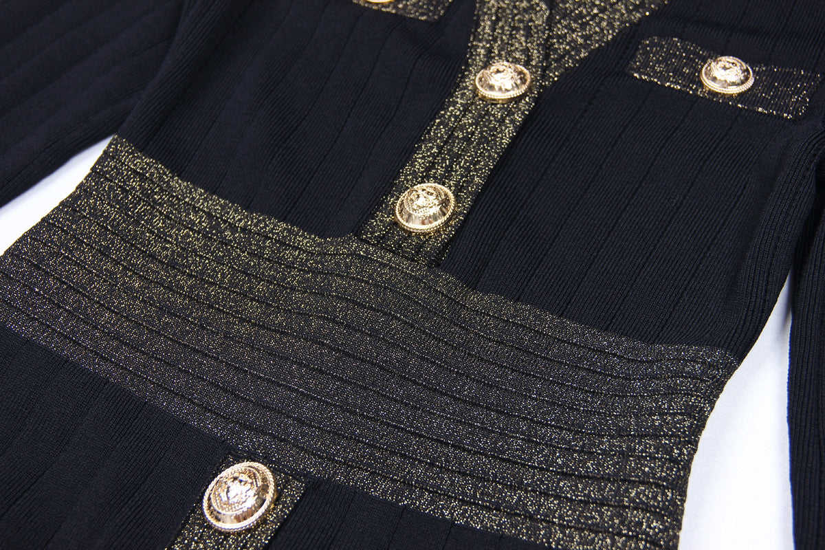 Spring Autumn Women Clothing Gold Silk Stitching High Quality Long Sleeve Waist Trimming Knitted Dress