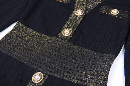 Spring Autumn Women Clothing Gold Silk Stitching High Quality Long Sleeve Waist Trimming Knitted Dress