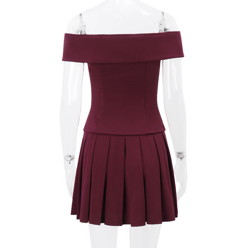 Spring Shoulder Top Pleated Skirt Set