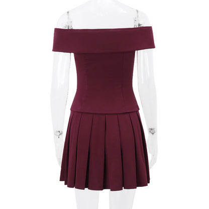 Spring Shoulder Top Pleated Skirt Set
