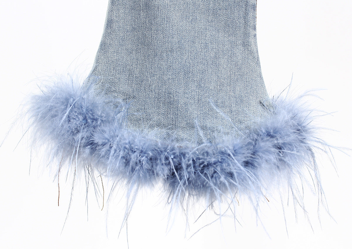 Bottom Pants Design Trousers Jeans Chic Stitching Ostrich Bell Trendy.