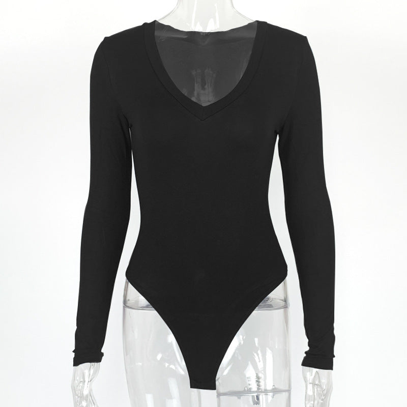  V-neck Bodysuit Autumn Winter Bottoming Shirt Tight Sexy Women