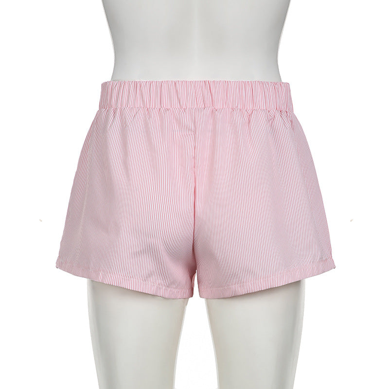 Beach Shorts Simple Blue Striped Women Loose Elastic Waist Sports Pant