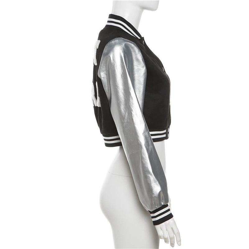 Coated Fabric jacket Women Clothing Embroidery Stitching Metallic hood