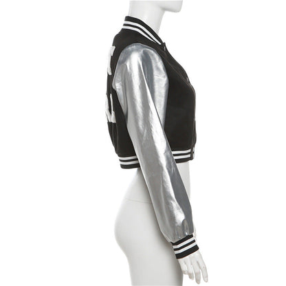Coated Fabric jacket Women Clothing Embroidery Stitching Metallic hood