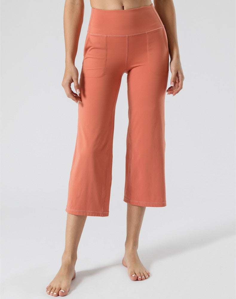 Summer High Waist Yoga Pants Women Pocket Fitness Straight Capri Pants
