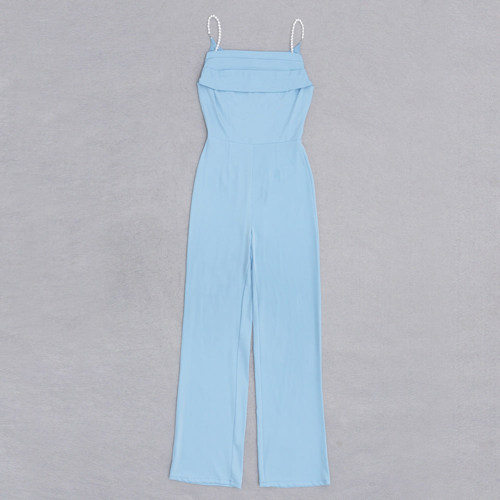 Dress Retro Sexy Sling Backless Pleated Slim Wide Leg One  Piece Long