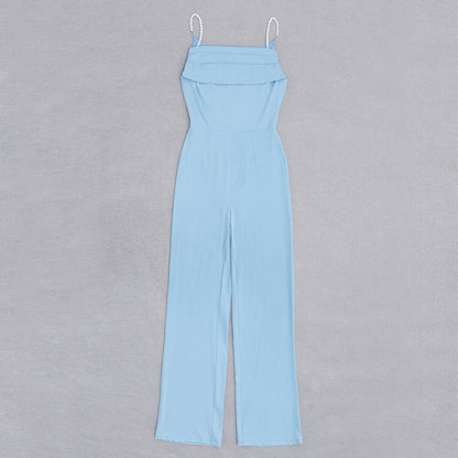 Dress Retro Sexy Sling Backless Pleated Slim Wide Leg One  Piece Long