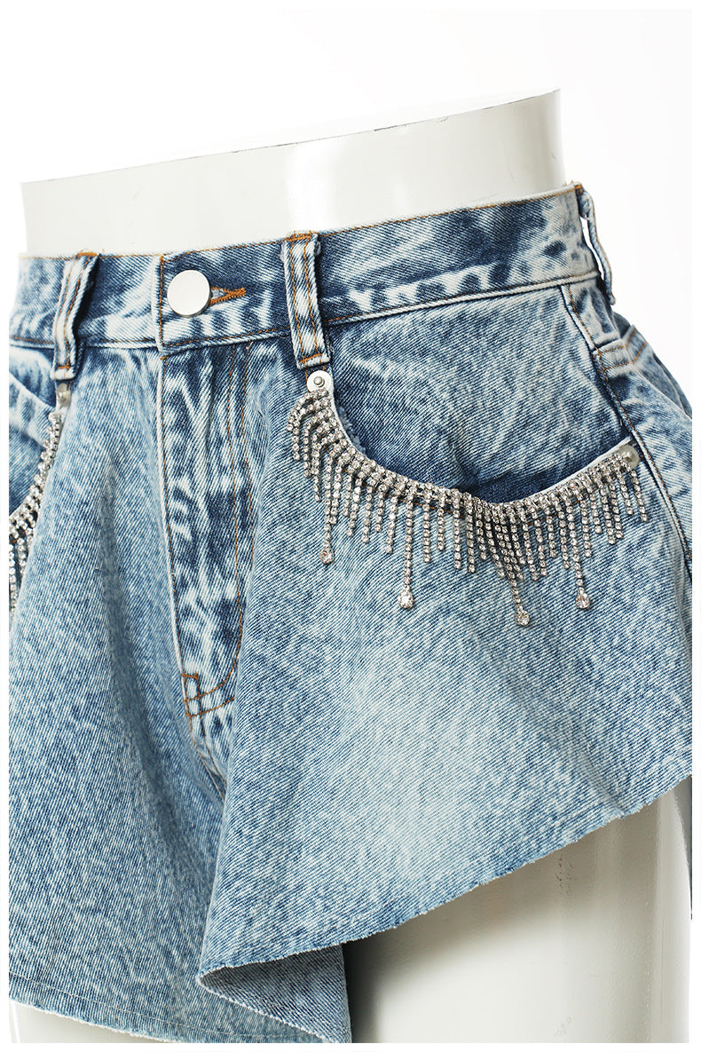 Denim Shorts Ruffled Hem Large Wide Leg Denim Shorts Pants Faux
