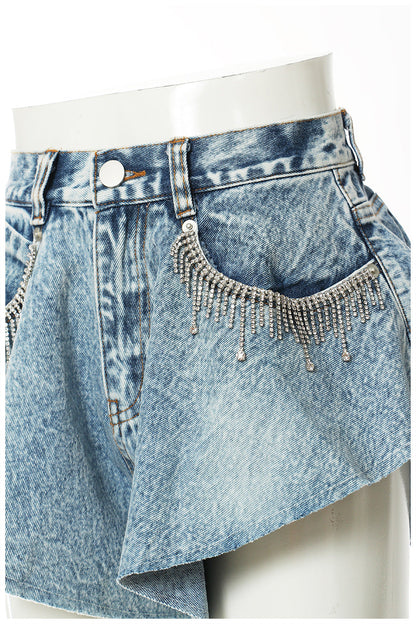 Denim Shorts Ruffled Hem Large Wide Leg Denim Shorts Pants Faux
