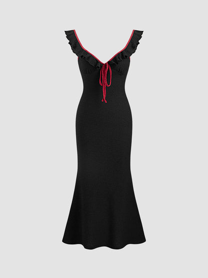 Women Clothing Women Knit Dress Ruffle Tied Solid Color Fishtail Dress