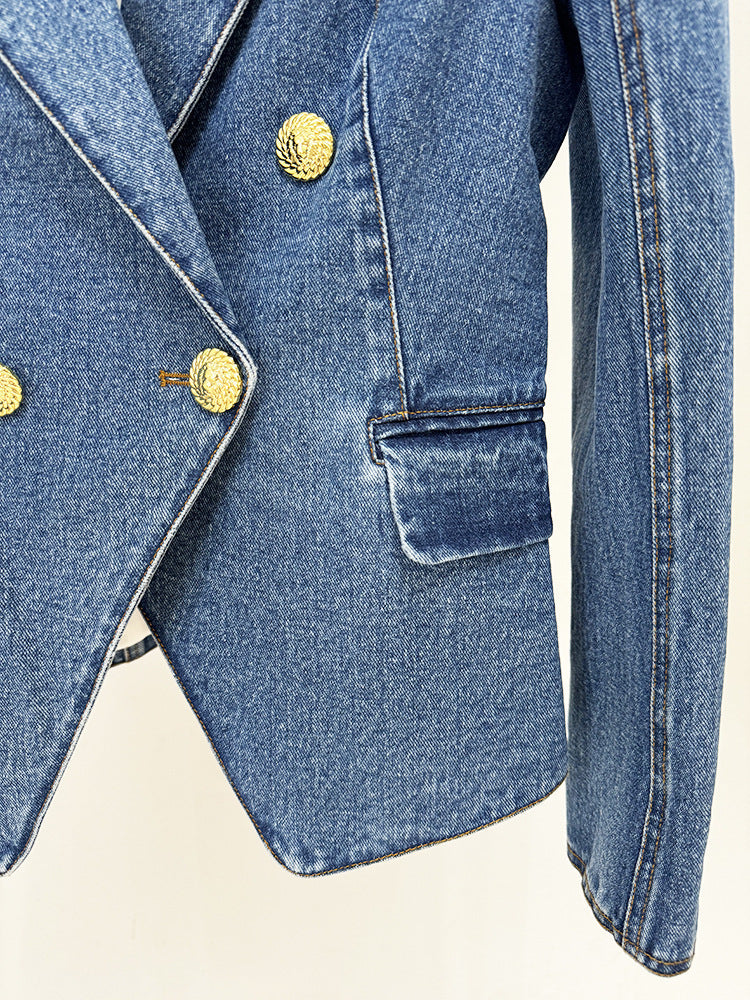 Blazer Skirt Sets Socialite Slim Double Breasted Washed Denim Blazer
