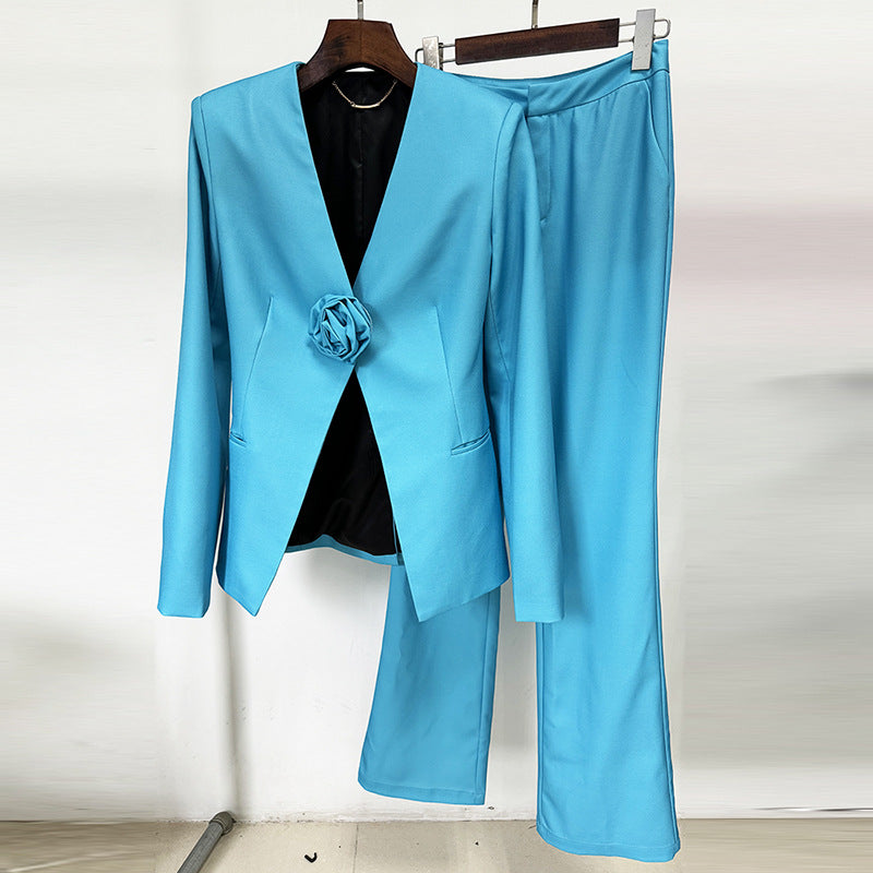 Dimensional Floral Collarless Bootcut Pants