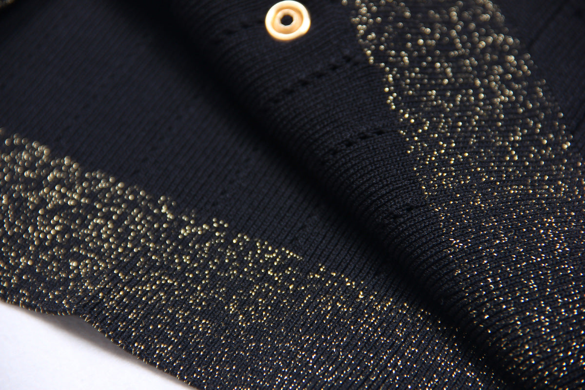 Spring Autumn Women Clothing Gold Silk Stitching High Quality Long Sleeve Waist Trimming Knitted Dress