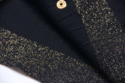 Spring Autumn Women Clothing Gold Silk Stitching High Quality Long Sleeve Waist Trimming Knitted Dress