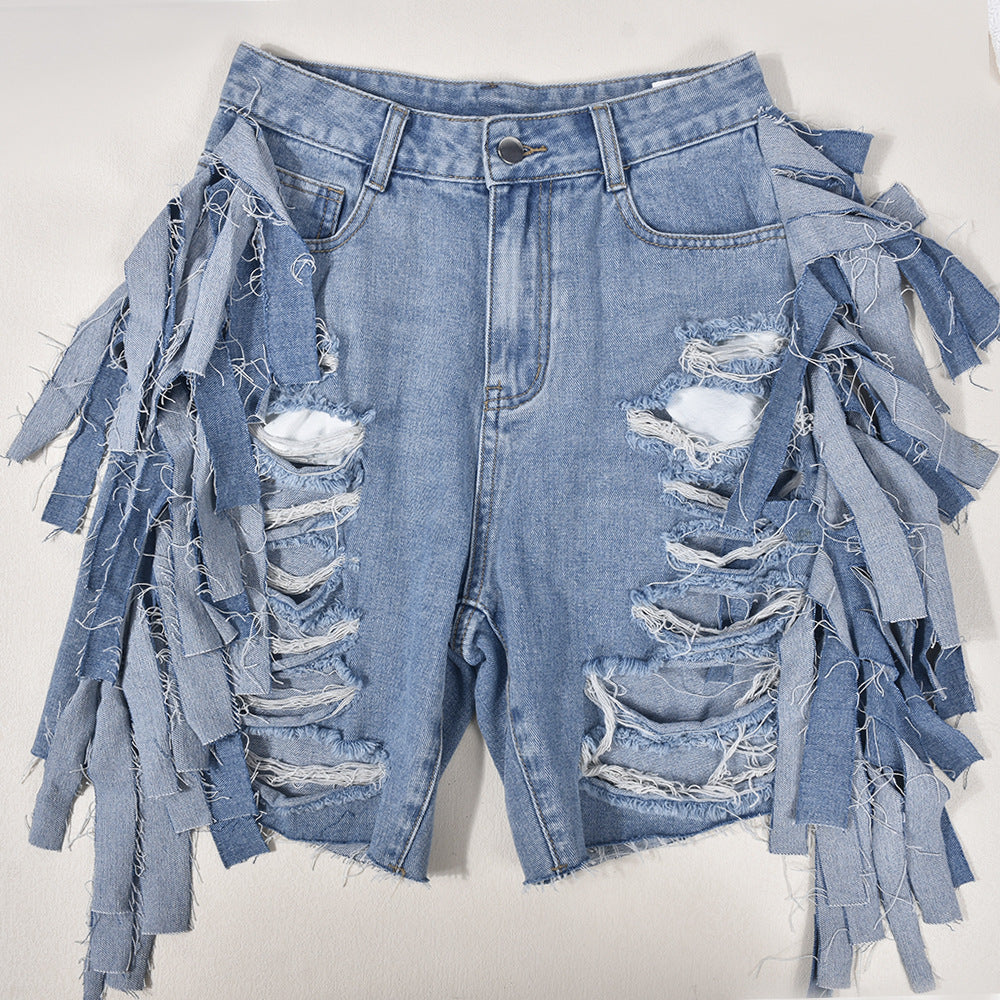 Women Clothing High Waist Ripped Washed Personalized Hole Tassel Short