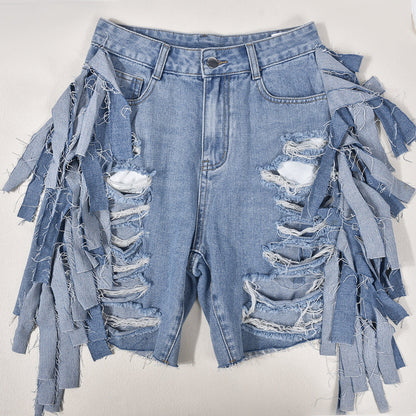 Women Clothing High Waist Ripped Washed Personalized Hole Tassel Short